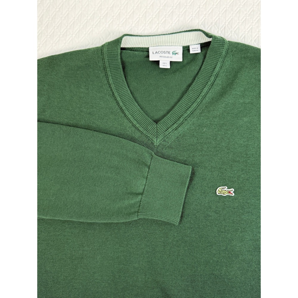 Lacoste Green V-Neck Sweater Men L Classic Cotton Logo Ivy League Tennis EUC
